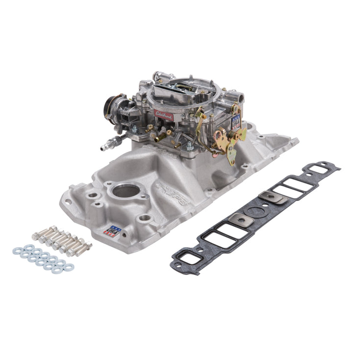Edelbrock Manifold And Carb Kit Performer Eps Small Block Chevrolet 1957-1986 Natural Finish - Bull Strap