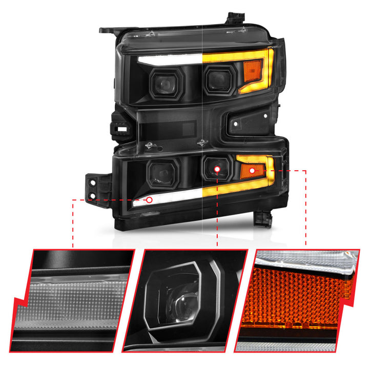 ANZO 19-22 Chevrolet Silverado 1500 LED Proj HL w/Lgt Bar SwBk Seq. Blk w/In. Light - Driver Side ON - Bull Strap