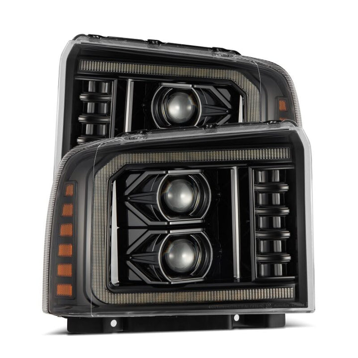 AlphaRex 05-07 Ford Super Duty/Excursion LUXX-Series LED Projector Headlights - Alpha-Black - Bull Strap