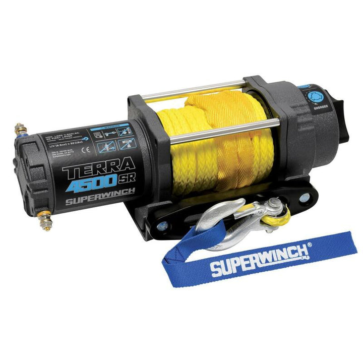 Superwinch 4500 LBS 12V DC 1/4in x 50ft Synthetic Rope Terra 4500SR Winch - Gray Wrinkle - Bull Strap