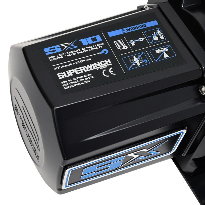 Superwinch 10000 LBS 12V DC 3/8in x 80ft Synthetic Rope SX10SR Winch - Semi Gloss Black - Bull Strap
