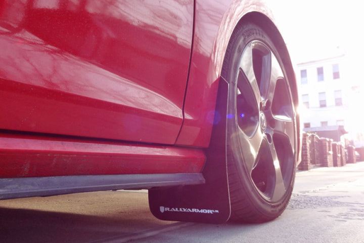 Rally Armor 15-21 MKVII VW Golf/GTI Black UR Mud Flap w/White Logo - Bull Strap