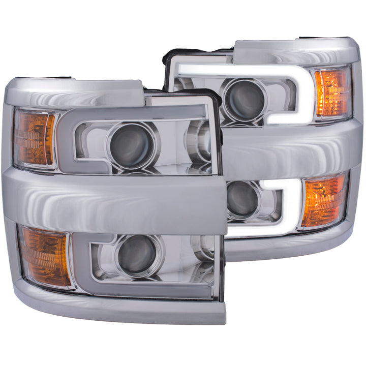 ANZO Projector Headlights 15-17 Chevrolet Silverado 2500HD / 3500HD Chrome w/ Chrome Rim - Bull Strap