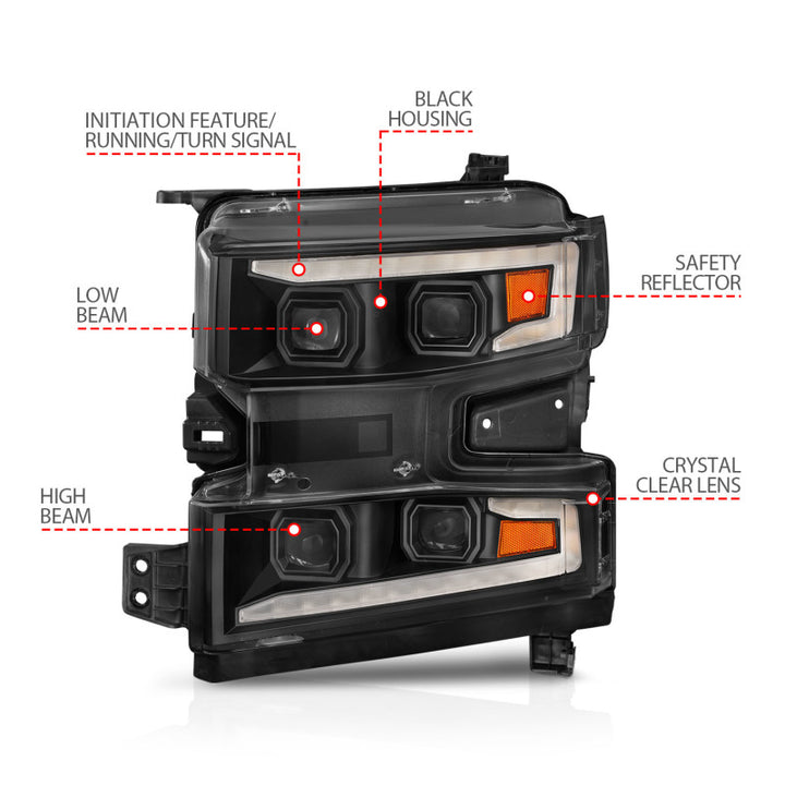 ANZO 19-22 Chevrolet Silverado 1500 LED Proj HL w/Lgt Bar SwBk Seq. Blk w/In. Light - Driver Side ON - Bull Strap