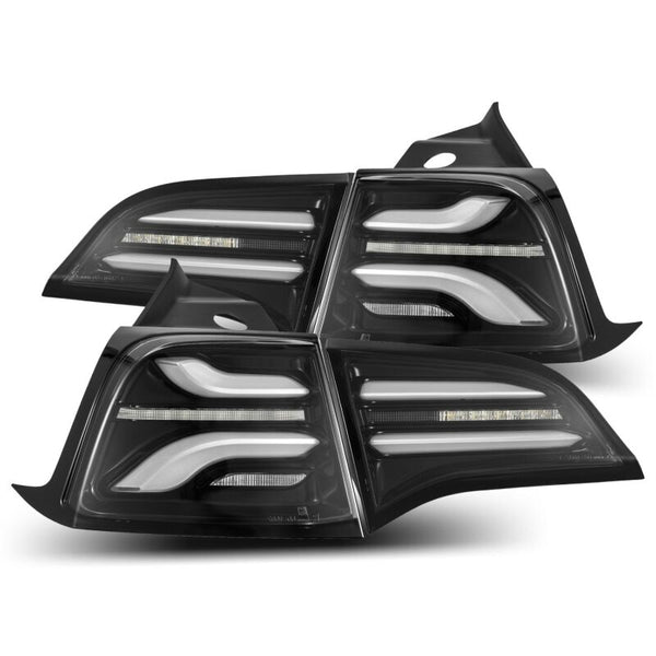 AlphaRex 17-22 Tesla Model 3 PRO-Series LED Tail Lights Jet Black w/Seq Sig - Bull Strap