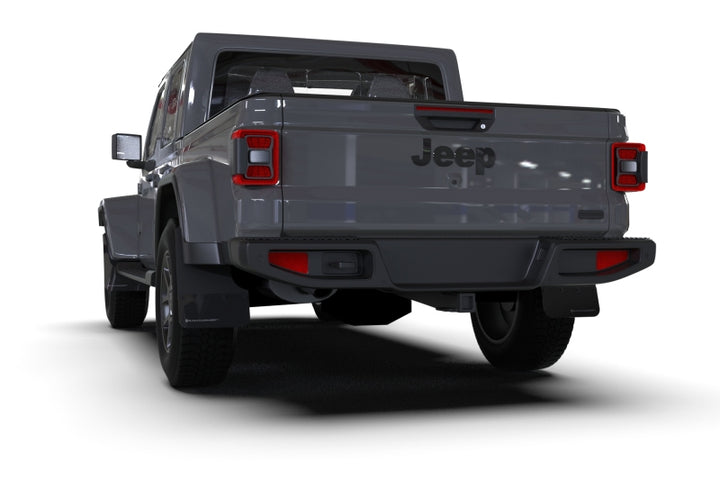 Rally Armor 19-25 Jeep JT Gladiator (Mojave/Rubicon) Black Mud Flap w/Grey Logo - Bull Strap