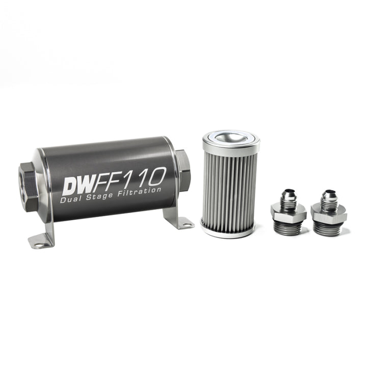 DeatschWerks Stainless Steel 6AN 10 Micron Universal Inline Fuel Filter Housing Kit (110mm) - Bull Strap