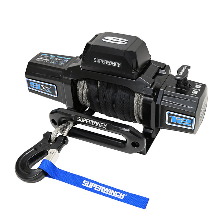 Superwinch 12000 LBS 12V DC 3/8in x 80ft Synthetic Rope SX12SR Winch - Semi Gloss Black - Bull Strap