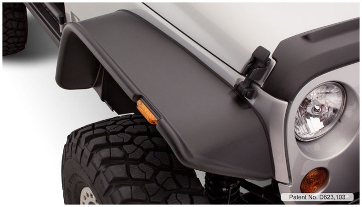 Bushwacker 07-18 Jeep Wrangler Flat Style Flares 4pc Fits 2-Door Sport Utility Only - Black - Bull Strap