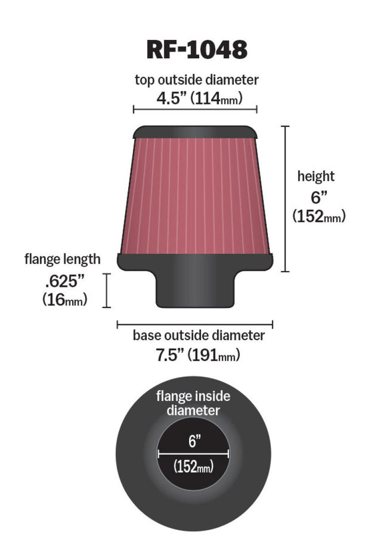 K&N Round Tapered Universal Air Filter 6in Flange ID x 7.5in Base OD x 4.5in Top OD x 6in H - Bull Strap
