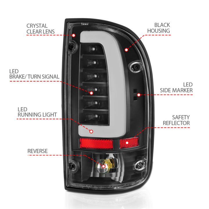 ANZO 95-00 Toyota Tacoma LED Taillights Black Housing Clear Lens (Pair) - Bull Strap