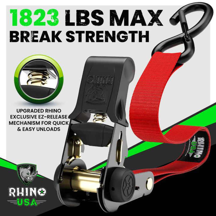 Rhino USA Medium Duty Ratchet Strap Tie-Down 4-Pack (Green) - Bull Strap