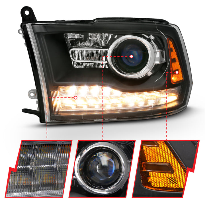 ANZO 2009-2018 Dodge Ram 1500 Projector Headlights Plank Style Halo w/Switchback Matte Black - Bull Strap