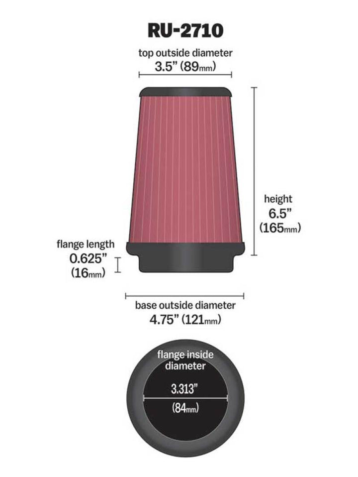 K&N Universal Rubber Filter Round Tprd 3.313in Flange ID x 4.75in Base OD x 3.5in Top OD x 6.5in H - Bull Strap