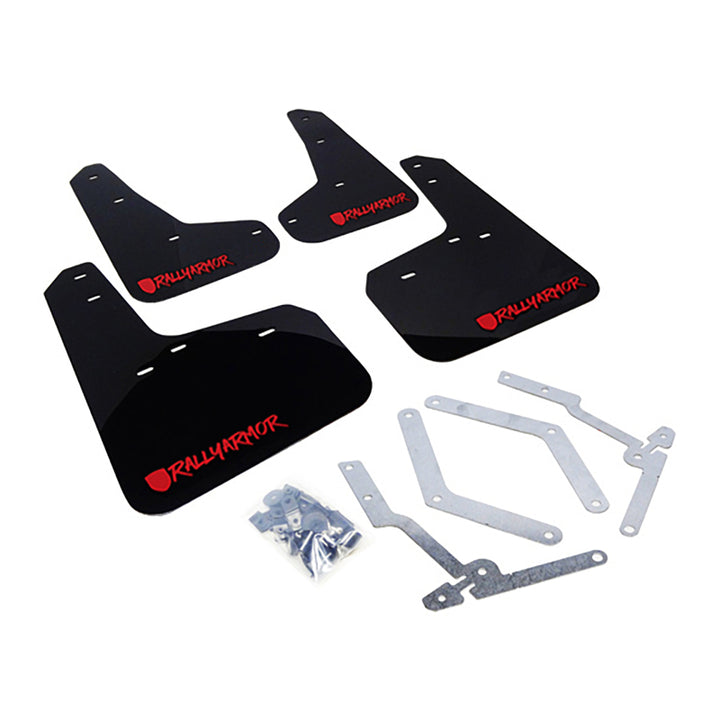 Rally Armor 12-19 Ford Focus ST / 16-19 RS Black UR Mud Flap w/Red Altered Font Logo - Bull Strap
