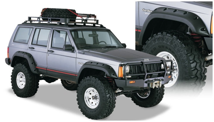 Bushwacker 84-01 Jeep Cherokee Cutout Style Flares 4pc Fits 4-Door Sport Utility Only - Black - Bull Strap