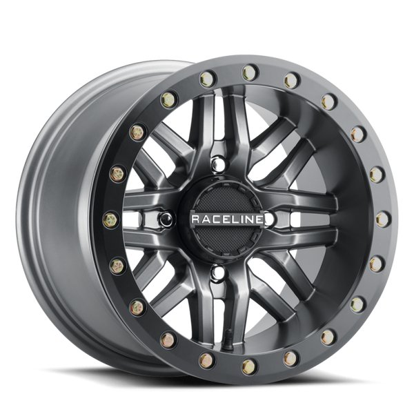 Raceline A91G Ryno 14x7in/4x156 BP/10mm Offset/132.5mm Bore - Gunmetal & Black Ring Beadlock Wheel - Bull Strap