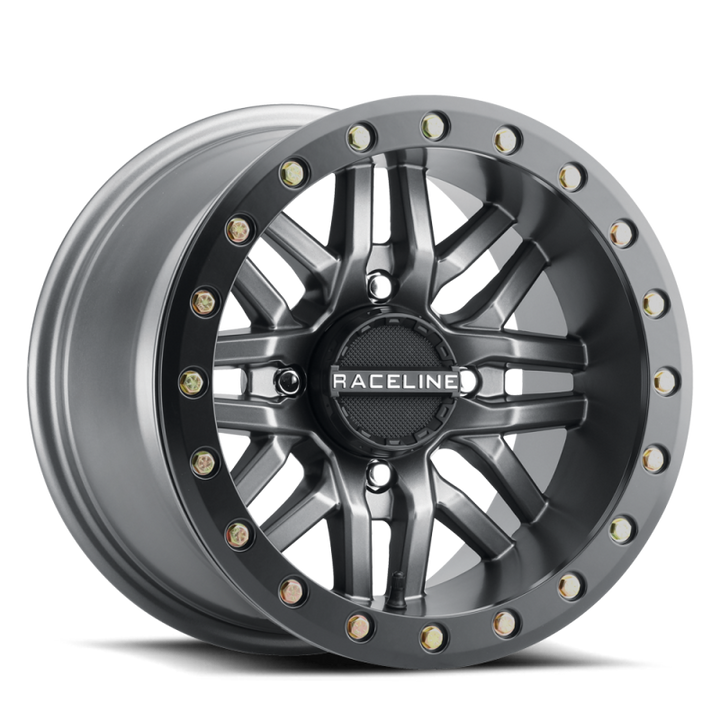 Raceline A91G Ryno 14x7in/4x156 BP/10mm Offset/132.5mm Bore - Gunmetal & Black Ring Beadlock Wheel - Bull Strap