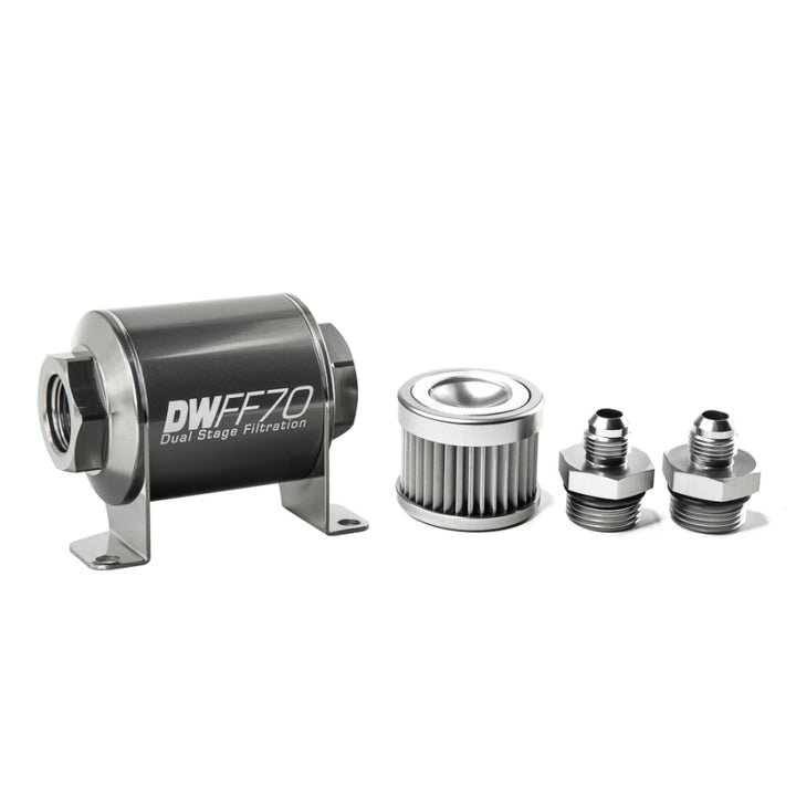 DeatschWerks Stainless Steel 6AN 10 Micron Universal Inline Fuel Filter Housing Kit (70mm) - Bull Strap