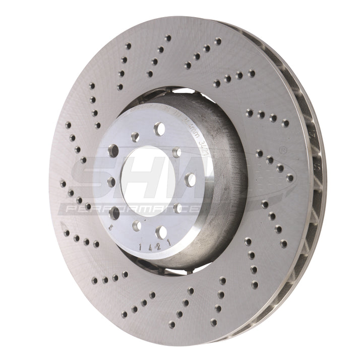 SHW 06-10 BMW M5 5.0L Left Front Cross-Drilled Lightweight Brake Rotor (34112282805) - Bull Strap