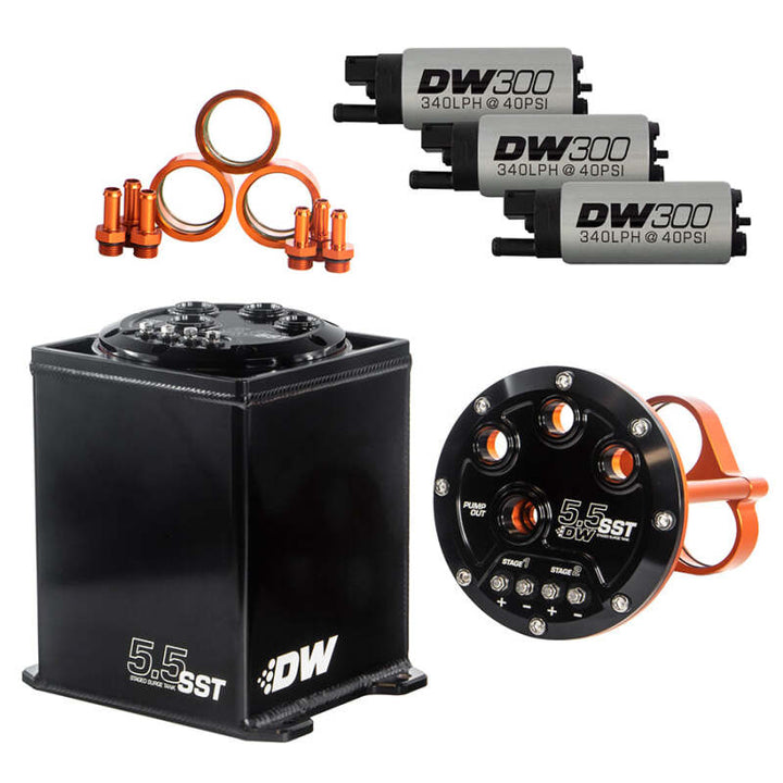 DeatschWerks 5.5L Modular Surge Tank Includes 3 DW300 Fuel Pumps - Bull Strap