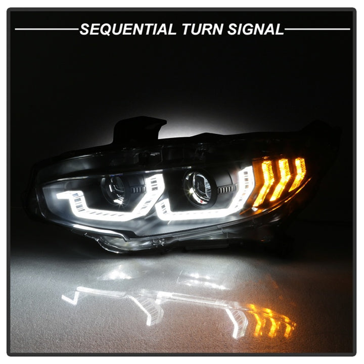 Spyder 16-18 Honda Civic 4Dr w/LED Seq Turn Sig Lights Proj Headlight - Black - PRO-YD-HC16-SEQ-BK - Bull Strap
