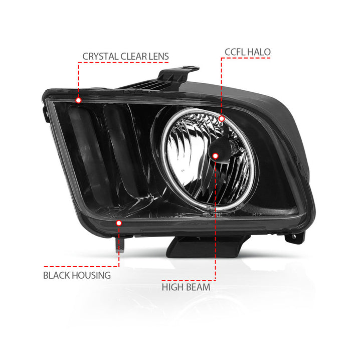 ANZO 2005-2009 Ford Mustang Crystal Headlights w/ Halo Black (CCFL) - Bull Strap