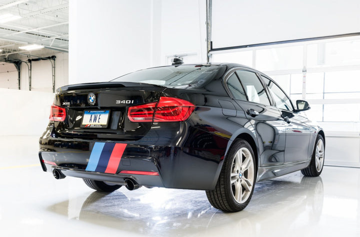 AWE Tuning BMW F3X 340i Touring Edition Axle-Back Exhaust - Diamond Black Tips (90mm) - Bull Strap