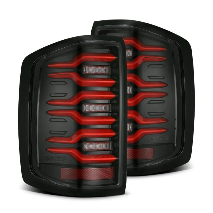 AlphaRex 14-18 Chevy Silverado 1500 Luxx-Series LED Tail Lights Black/Red w/Activ Light/Seq Signal - Bull Strap