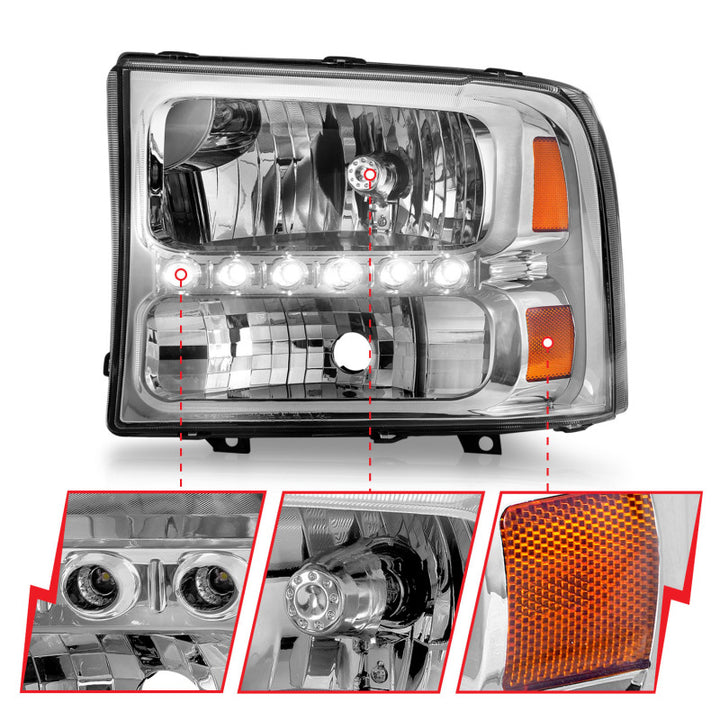 ANZO 2000-2004 Ford Excursion Crystal Headlights Chrome w/ LED 1pc - Bull Strap