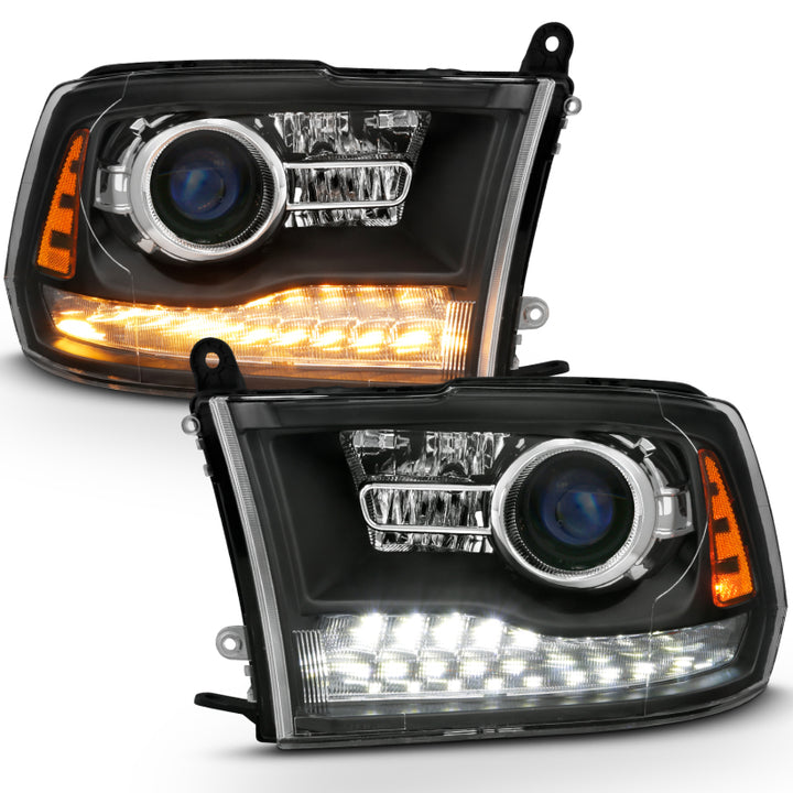 ANZO 2009-2018 Dodge Ram 1500 Projector Headlights Plank Style Halo w/Switchback Matte Black - Bull Strap