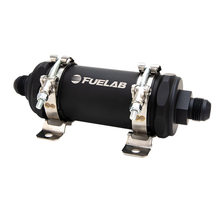 Fuelab PRO Series In-Line Fuel Filter (10gpm) -10AN In/-10AN Out 6 Micron Fiberglass - Matte Black - Bull Strap