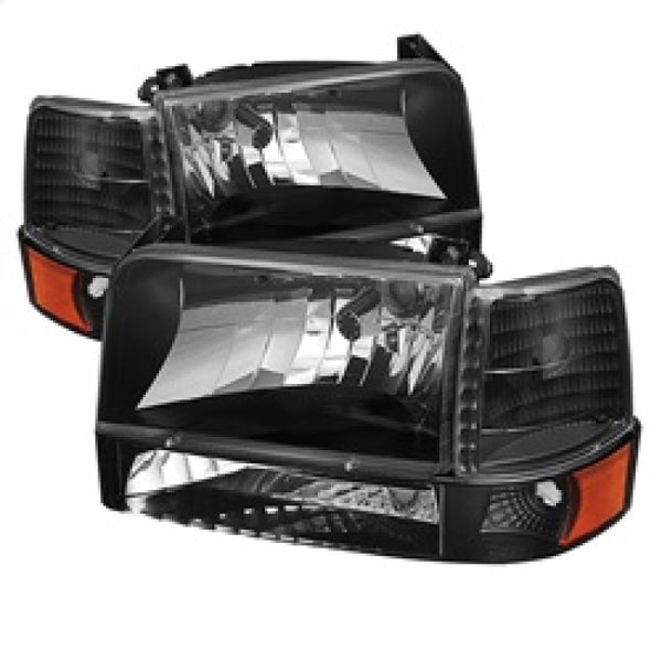 xTune Ford F150/Bronco 92-96 Headlights w/Corner Bumper 6pcs Amber- Black HD-JH-FB92-SET-AM-BK - Bull Strap