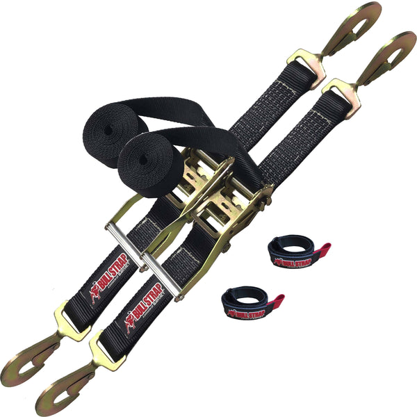 Bull Strap Ratchet Tie Down Straps, Heavy Duty, w/ Twist Snap Hooks (PAIR of 2) w/ 2 FREE Bull Wraps 2" x 12' 10,000 LB - Bull Strap