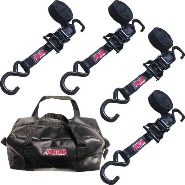 Bull Strap Ratchet Tie Down Straps w/ S-Hooks (QTY 4) w/ FREE Recovery Bag 1" x 12' Medium Duty - Bull Strap