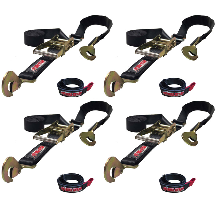 Bull Strap Ratchet Tie Down Straps w/ Twist Snap Hooks & Adj Axle Strap Combo Heavy Duty (Pair of 4) w/ 4 FREE Bull Wraps 2" x 12' 10,000 LB - Bull Strap