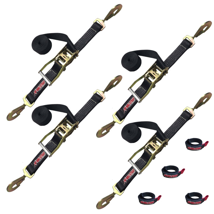 Bull Strap Ratchet Tie Down Straps w/ Twist Snap Hooks (QTY 4) w/ 4 FREE Bull Wraps 2" x 12' 10,000 LB Heavy Duty - Bull Strap