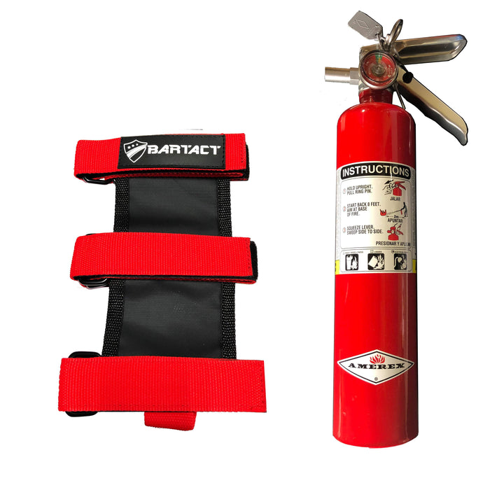 Fire Extinguisher & Holder Combo - Bartact 3 Strap Universal Padded Roll Bar Fire Extinguisher holder for Amerex B417T 2.5 LB - ABC Fire Extinguisher included - Bull Strap