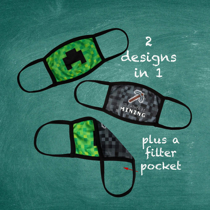 Kids Size, Minecraft Inspired Creeper Mask, Minecraft Face Mask, Reversible 2 ply Polyester Reusable Washable Face Mask Covers w/ Filter Slot by Bartact - Bull Strap