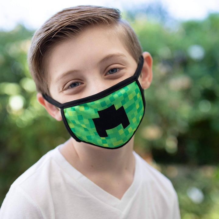 Kids Size, Minecraft Inspired Creeper Mask, Minecraft Face Mask, Reversible 2 ply Polyester Reusable Washable Face Mask Covers w/ Filter Slot by Bartact - Bull Strap