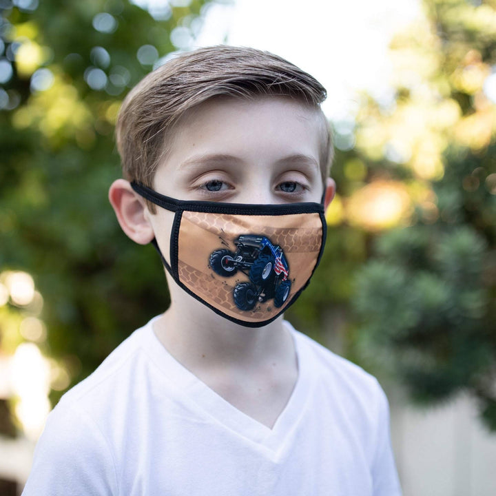 Kids Size Monster Truck Face Mask, Monster Truck Mask, Reversible 2 ply Polyester Reusable Washable Face Mask Covers w/ Filter Slot by Bartact - Bull Strap