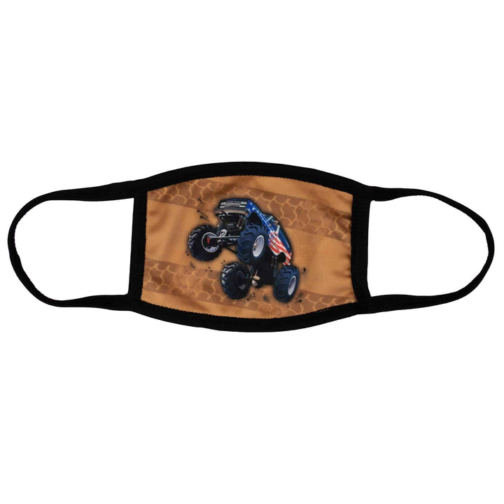 Kids Size Monster Truck Face Mask, Monster Truck Mask, Reversible 2 ply Polyester Reusable Washable Face Mask Covers w/ Filter Slot by Bartact - Bull Strap