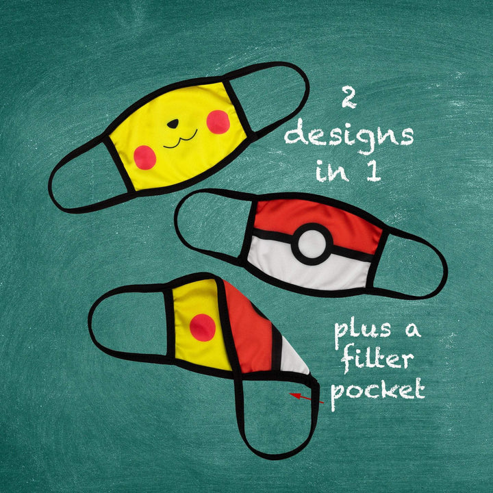 Kids Size, Pokemon Inspired Pikachu Mask, Pokemon Face Mask, Pokemon Mask, Reversible 2 ply Polyester Reusable Washable Face Mask Covers w/ Filter Slot by Bartact - Bull Strap