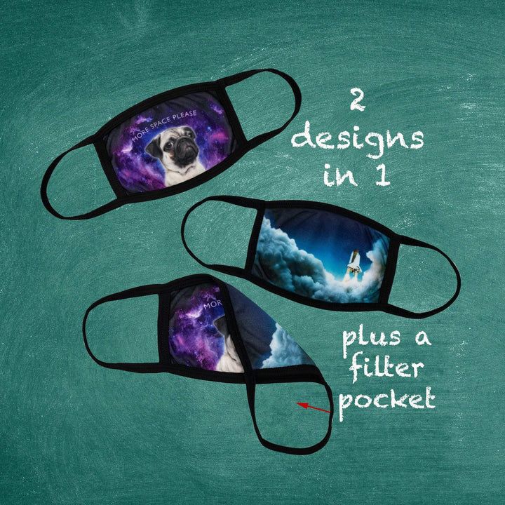 Kids Size Pug Space Ship Shuttle Reversible 2 ply Polyester Reusable Washable Face Mask Covers w/ Filter Slot by Bartact - Bull Strap