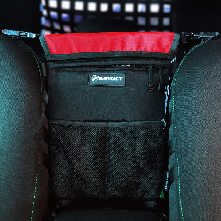 Seat Storage Bag / Backpack / Seat Back Organizer / Pet Barrier - FABRIC by Bartact - Universal - (Patent Pending) - Bull Strap