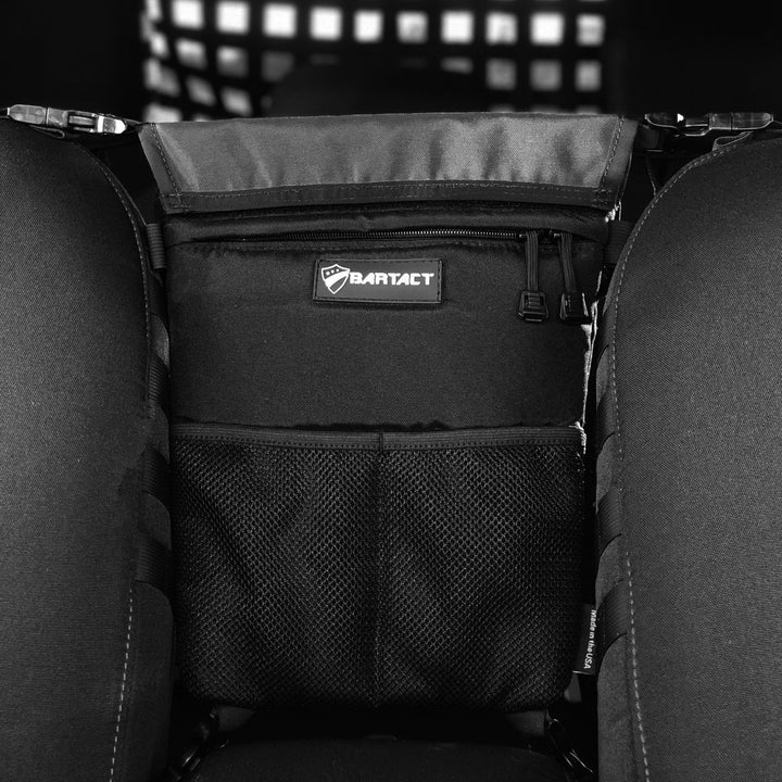 Seat Storage Bag / Backpack / Seat Back Organizer / Pet Barrier - FABRIC by Bartact - Universal - (Patent Pending) - Bull Strap