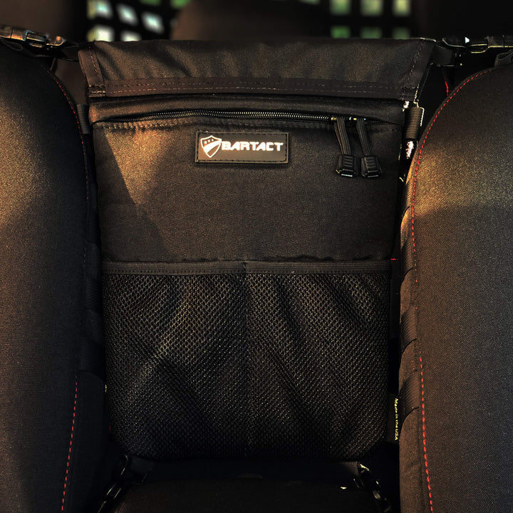 Seat Storage Bag / Backpack / Seat Back Organizer / Pet Barrier - FABRIC by Bartact - Universal - (Patent Pending) - Bull Strap