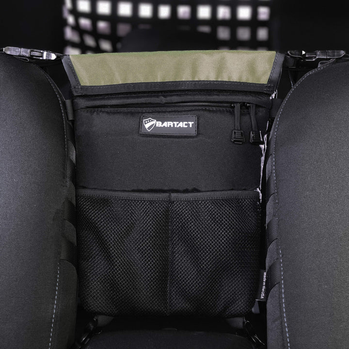 Seat Storage Bag / Backpack / Seat Back Organizer / Pet Barrier - FABRIC by Bartact - Universal - (Patent Pending) - Bull Strap