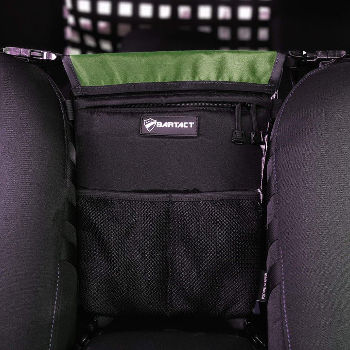 Seat Storage Bag / Backpack / Seat Back Organizer / Pet Barrier - FABRIC by Bartact - Universal - (Patent Pending) - Bull Strap