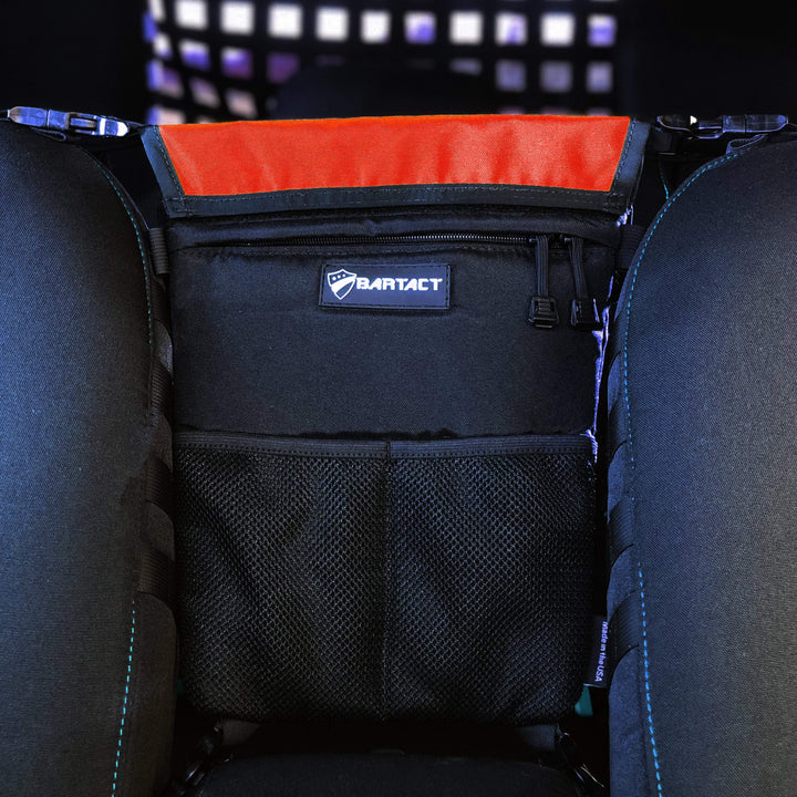 Seat Storage Bag / Backpack / Seat Back Organizer / Pet Barrier - FABRIC by Bartact - Universal - (Patent Pending) - Bull Strap